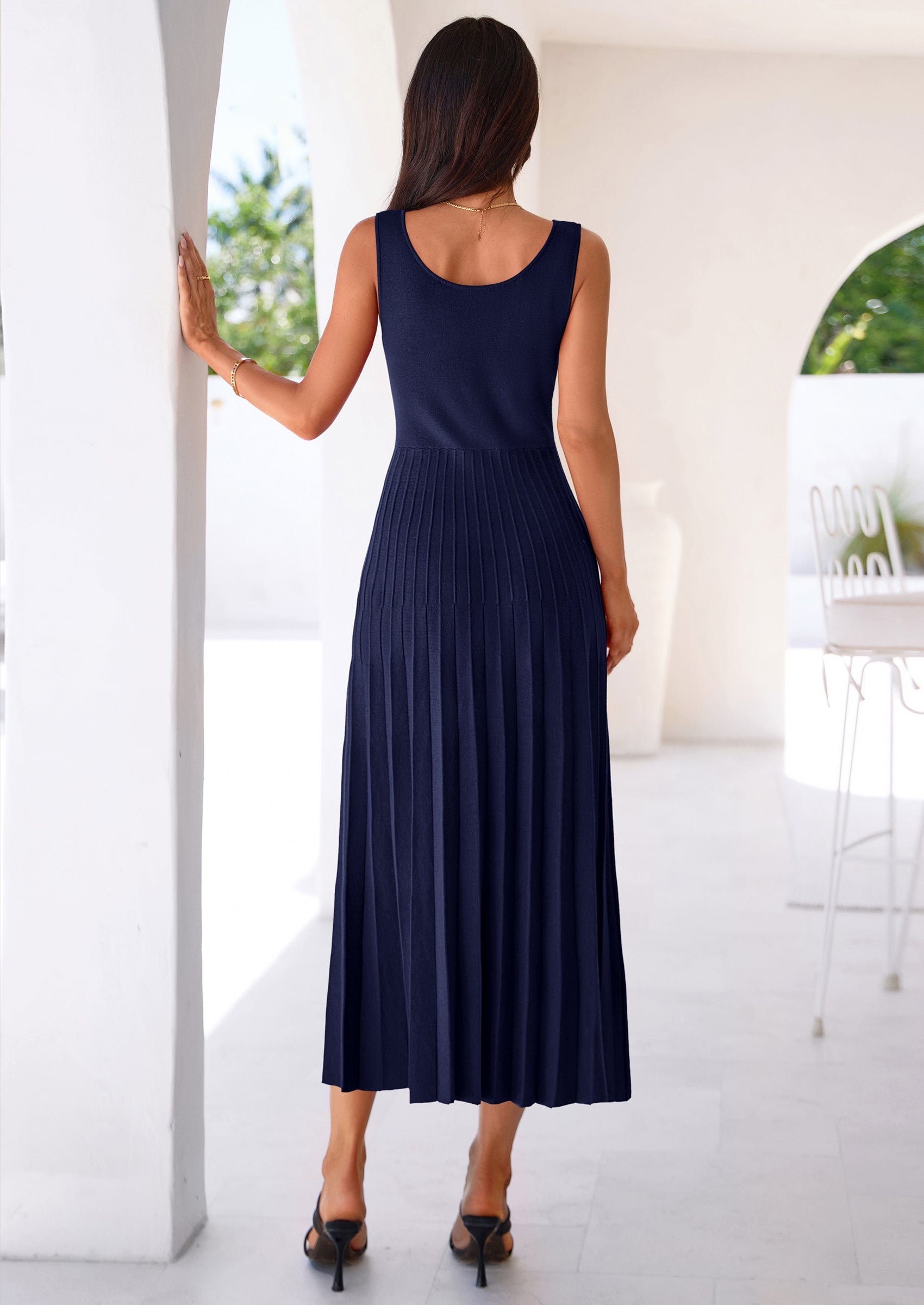 PRETTYGARDEN Spring Dresses for Women 2026 Summer Casual Sleeveless Square Neck A Line Knit Pleated Midi Cocktail Party Dress PRETTYGARDEN