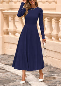 PRETTYGARDEN Women's Long Sleeve Midi Sweater Dress Fall Crewneck Knit A Line Pleated Wedding Guest Winter Dresses