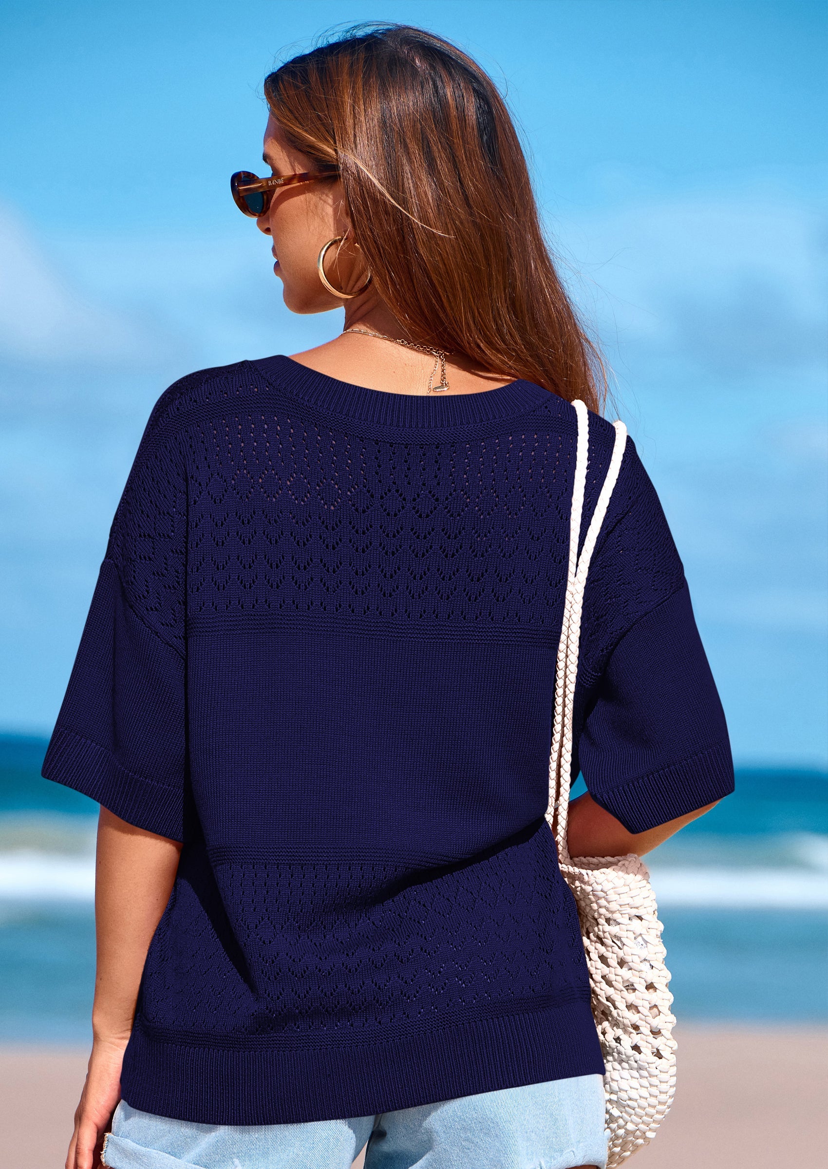 PRETTYGARDEN Women's Short Sleeve Sweater Tops Spring Summer Casual V Neck Ribbed Knit Trendy Eyelet Blouse T Shirts PRETTYGARDEN