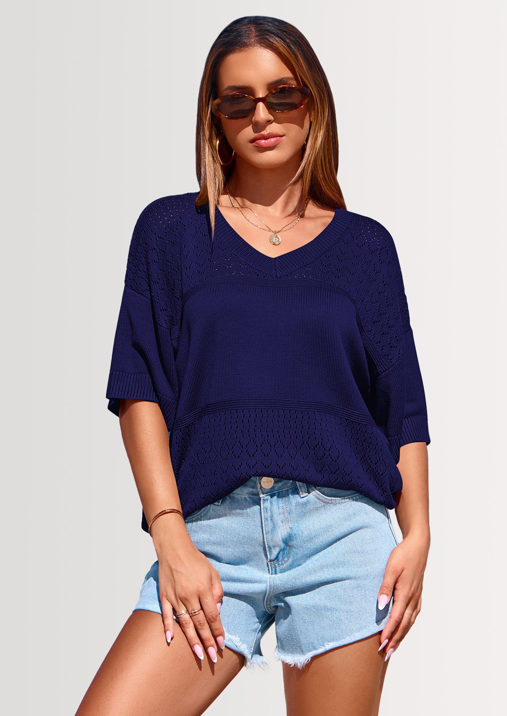 PRETTYGARDEN Women's Short Sleeve Sweater Tops Spring Summer Casual V Neck Ribbed Knit Trendy Eyelet Blouse T Shirts