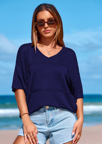 PRETTYGARDEN Women's Short Sleeve Sweater Tops Spring Summer Casual V Neck Ribbed Knit Trendy Eyelet Blouse T Shirts PRETTYGARDEN