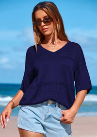 PRETTYGARDEN Women's Short Sleeve Sweater Tops Spring Summer Casual V Neck Ribbed Knit Trendy Eyelet Blouse T Shirts PRETTYGARDEN