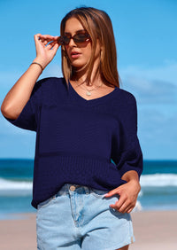 PRETTYGARDEN Women's Short Sleeve Sweater Tops Spring Summer Casual V Neck Ribbed Knit Trendy Eyelet Blouse T Shirts PRETTYGARDEN