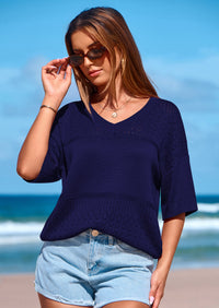 PRETTYGARDEN Women's Short Sleeve Sweater Tops Spring Summer Casual V Neck Ribbed Knit Trendy Eyelet Blouse T Shirts PRETTYGARDEN