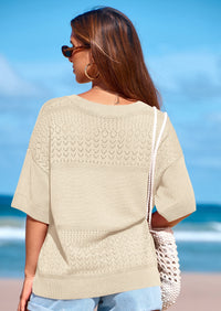 PRETTYGARDEN Women's Short Sleeve Sweater Tops Spring Summer Casual V Neck Ribbed Knit Trendy Eyelet Blouse T Shirts PRETTYGARDEN