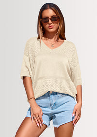 PRETTYGARDEN Women's Short Sleeve Sweater Tops Spring Summer Casual V Neck Ribbed Knit Trendy Eyelet Blouse T Shirts