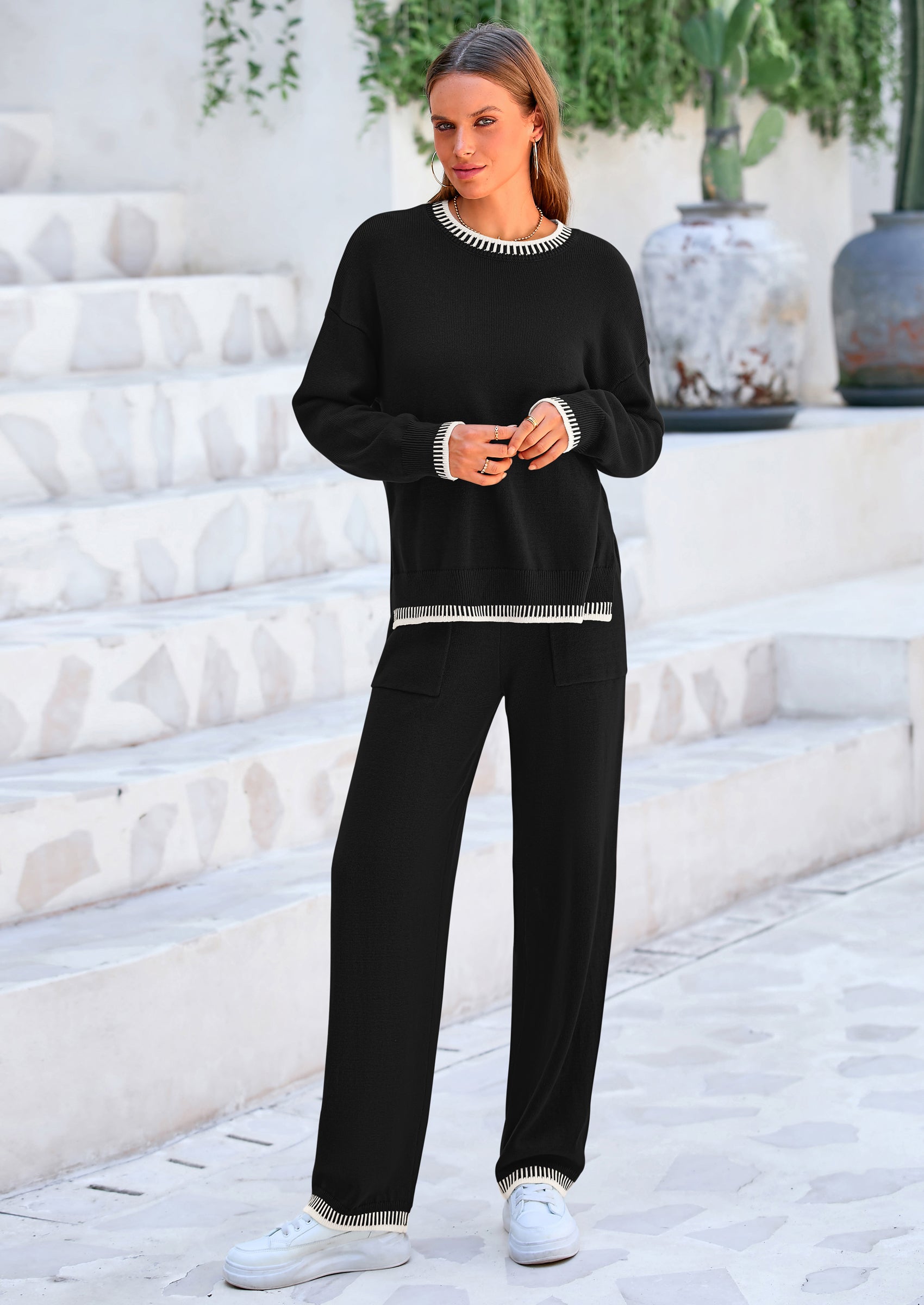 PRETTYGARDEN Women's 2 Piece Knit Sweater Outfit Casual Long Sleeve Pullover Wide Leg Pants Tracksuit Loungewear Set PRETTYGARDEN