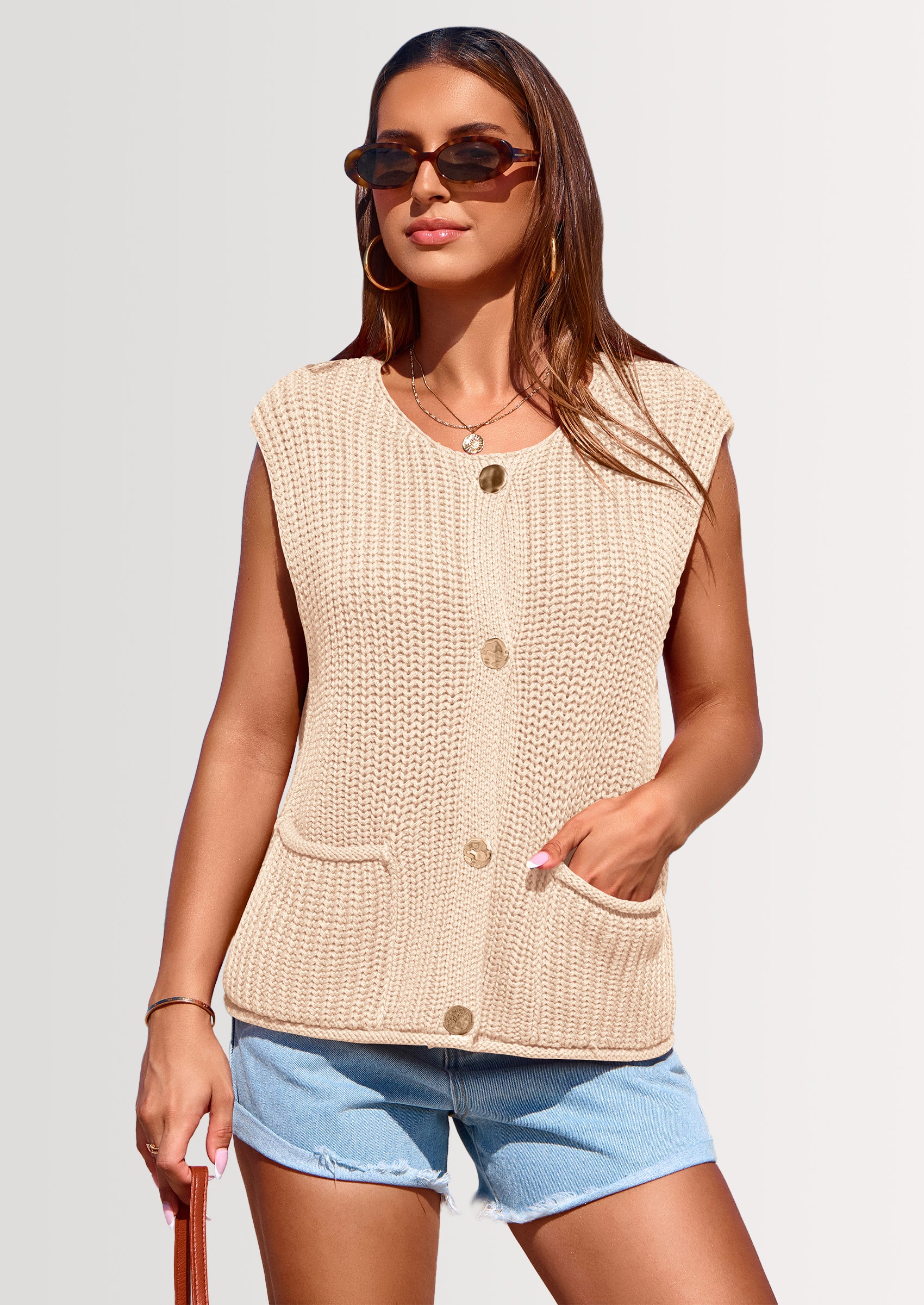 PRETTYGARDEN Women's Summer Sweaters Vest Sleeveless Button Down Cropped Pockets Chunky Knit Cardigan Trendy Tank Tops