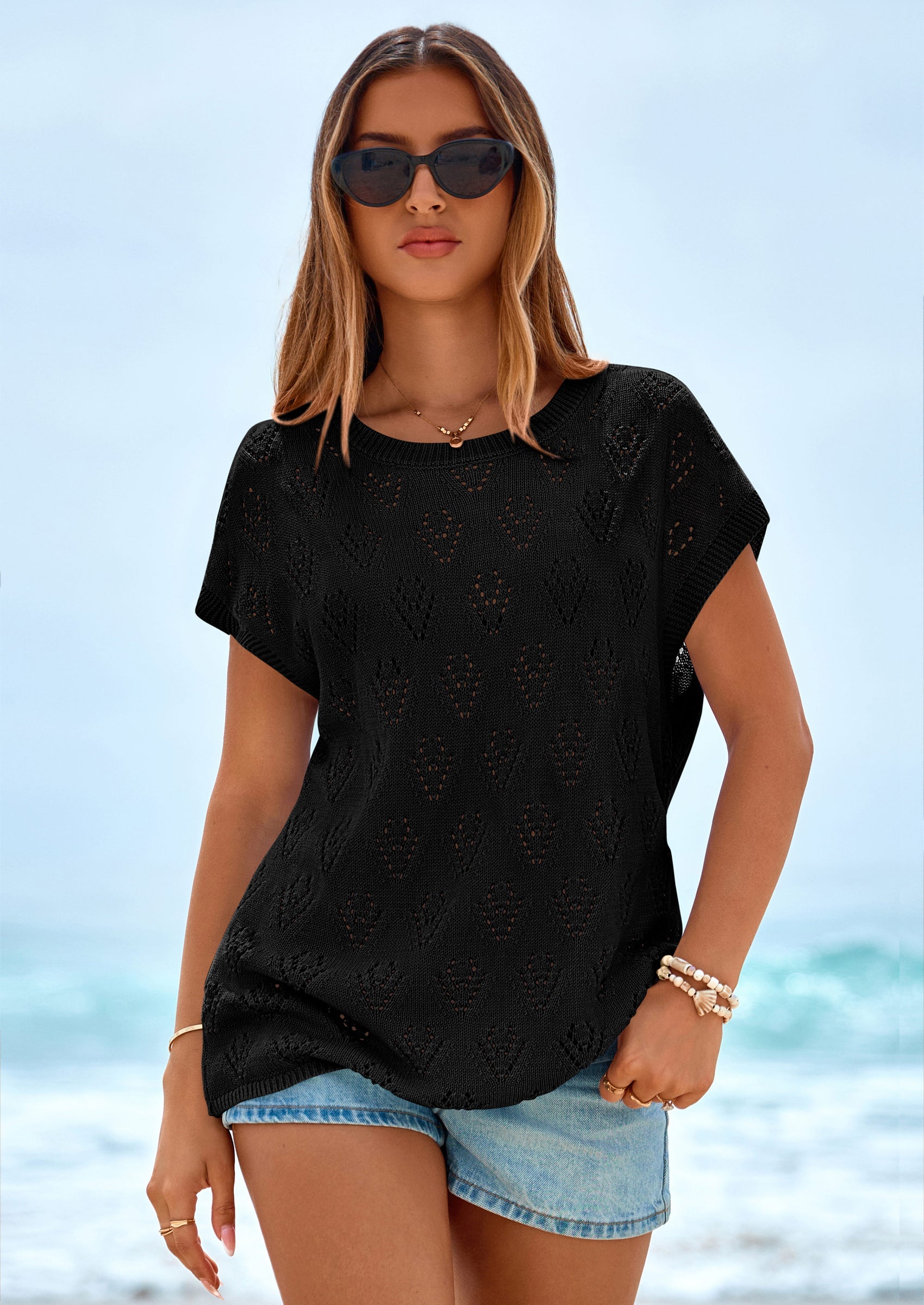 PRETTYGARDEN Women's Summer Sweater Vest Lightweight Knit Cap Sleeve Hollow Out Tank Tops Crochet Coverup Spring Outfits PRETTYGARDEN