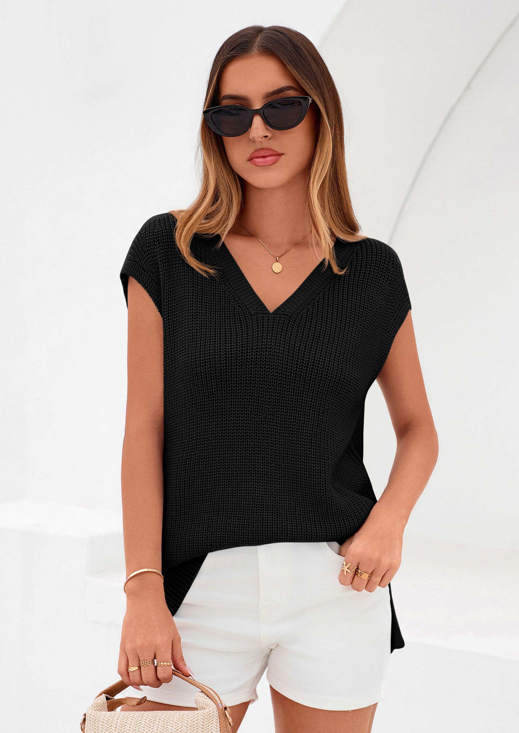 PRETTYGARDEN Women's Lightweight Sweaters Vest Spring Trendy Cap Sleeve V Neck Knit Tank Tops Summer Going Out Outfits PRETTYGARDEN