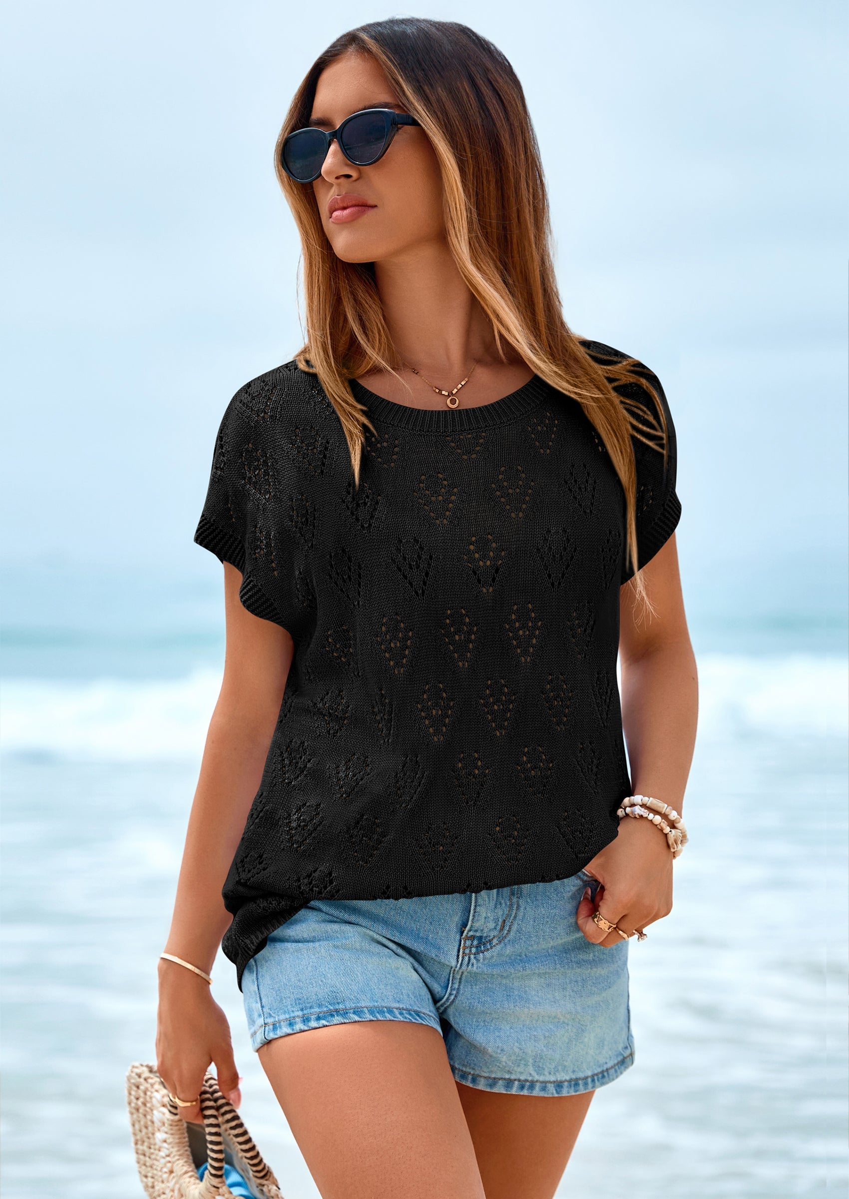 PRETTYGARDEN Women's Summer Sweater Vest Lightweight Knit Cap Sleeve Hollow Out Tank Tops Crochet Coverup Spring Outfits PRETTYGARDEN