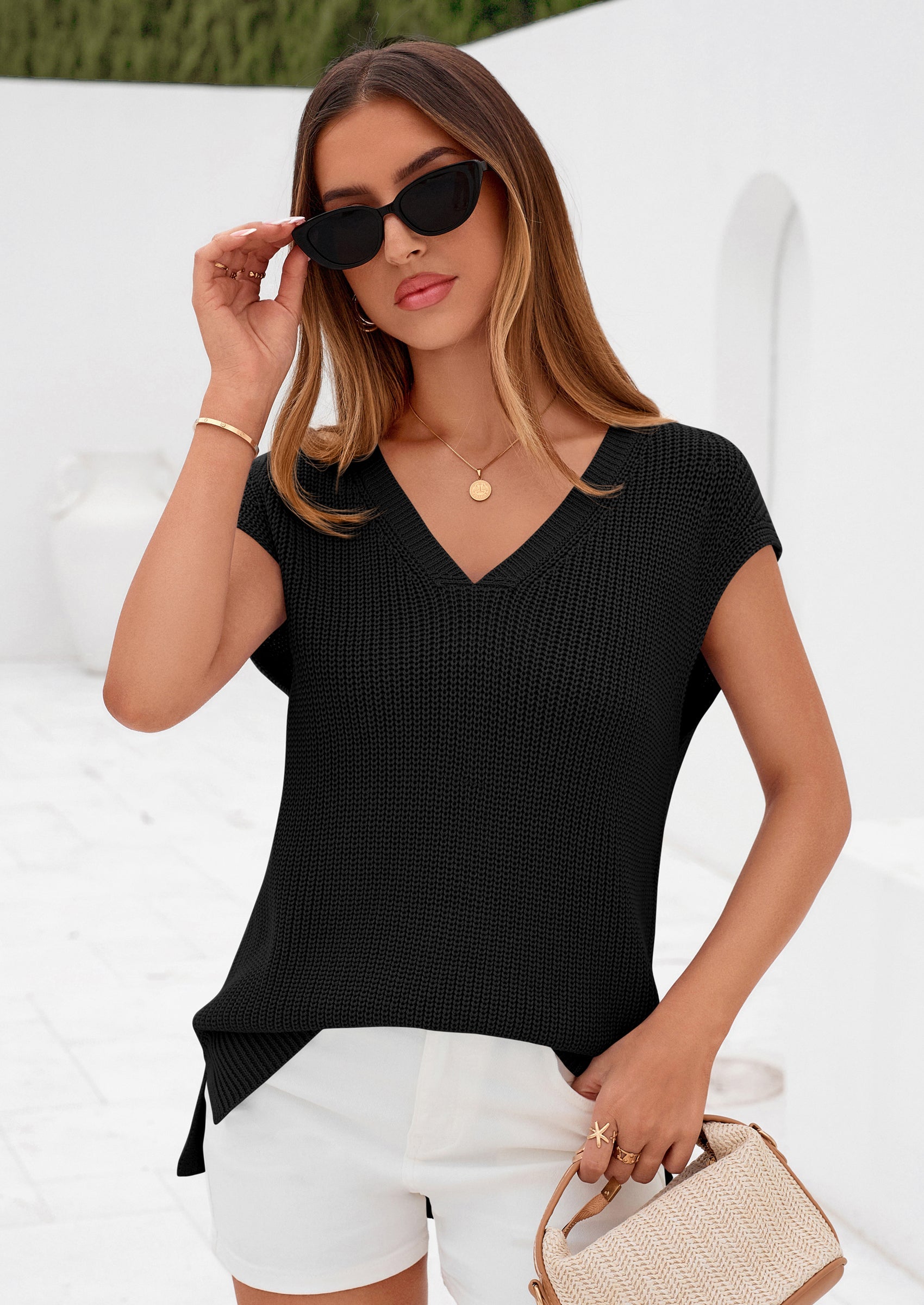 PRETTYGARDEN Women's Lightweight Sweaters Vest Spring Trendy Cap Sleeve V Neck Knit Tank Tops Summer Going Out Outfits PRETTYGARDEN