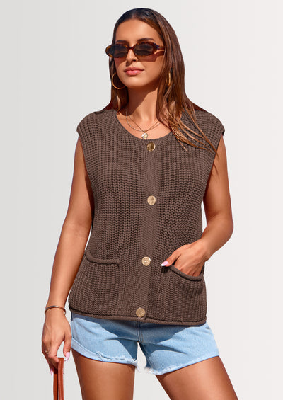 PRETTYGARDEN Women's Summer Sweaters Vest Sleeveless Button Down Cropped Pockets Chunky Knit Cardigan Trendy Tank Tops