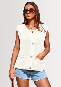 PRETTYGARDEN Women's Summer Sweaters Vest Sleeveless Button Down Cropped Pockets Chunky Knit Cardigan Trendy Tank Tops
