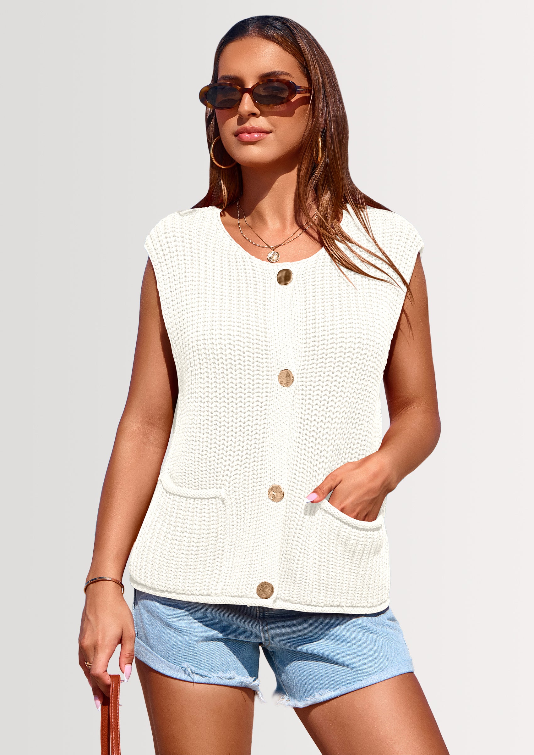 PRETTYGARDEN Women's Summer Sweaters Vest Sleeveless Button Down Cropped Pockets Chunky Knit Cardigan Trendy Tank Tops