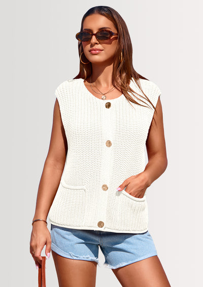 PRETTYGARDEN Women's Summer Sweaters Vest Sleeveless Button Down Cropped Pockets Chunky Knit Cardigan Trendy Tank Tops