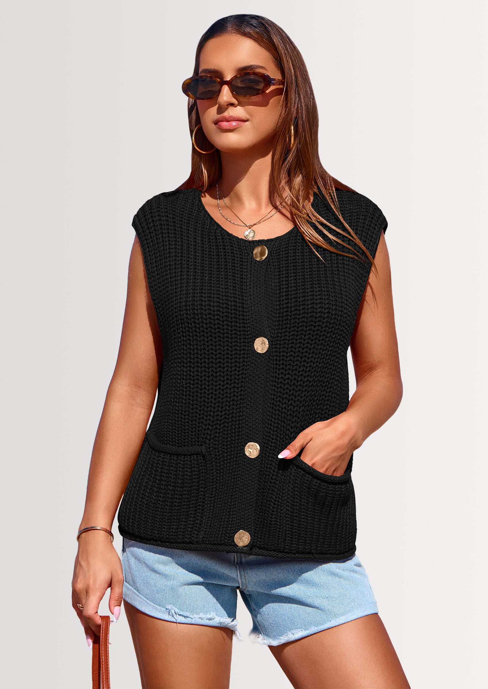 PRETTYGARDEN Women's Summer Sweaters Vest Sleeveless Button Down Cropped Pockets Chunky Knit Cardigan Trendy Tank Tops