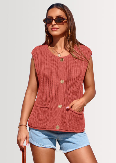 PRETTYGARDEN Women's Summer Sweaters Vest Sleeveless Button Down Cropped Pockets Chunky Knit Cardigan Trendy Tank Tops
