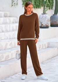 PRETTYGARDEN Women's 2 Piece Knit Sweater Outfit Casual Long Sleeve Pullover Wide Leg Pants Tracksuit Loungewear Set PRETTYGARDEN