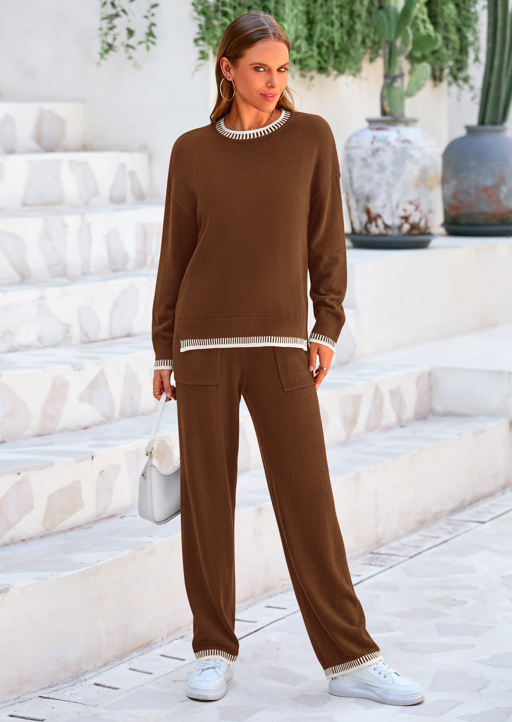 PRETTYGARDEN Women's 2 Piece Knit Sweater Outfit Casual Long Sleeve Pullover Wide Leg Pants Tracksuit Loungewear Set PRETTYGARDEN