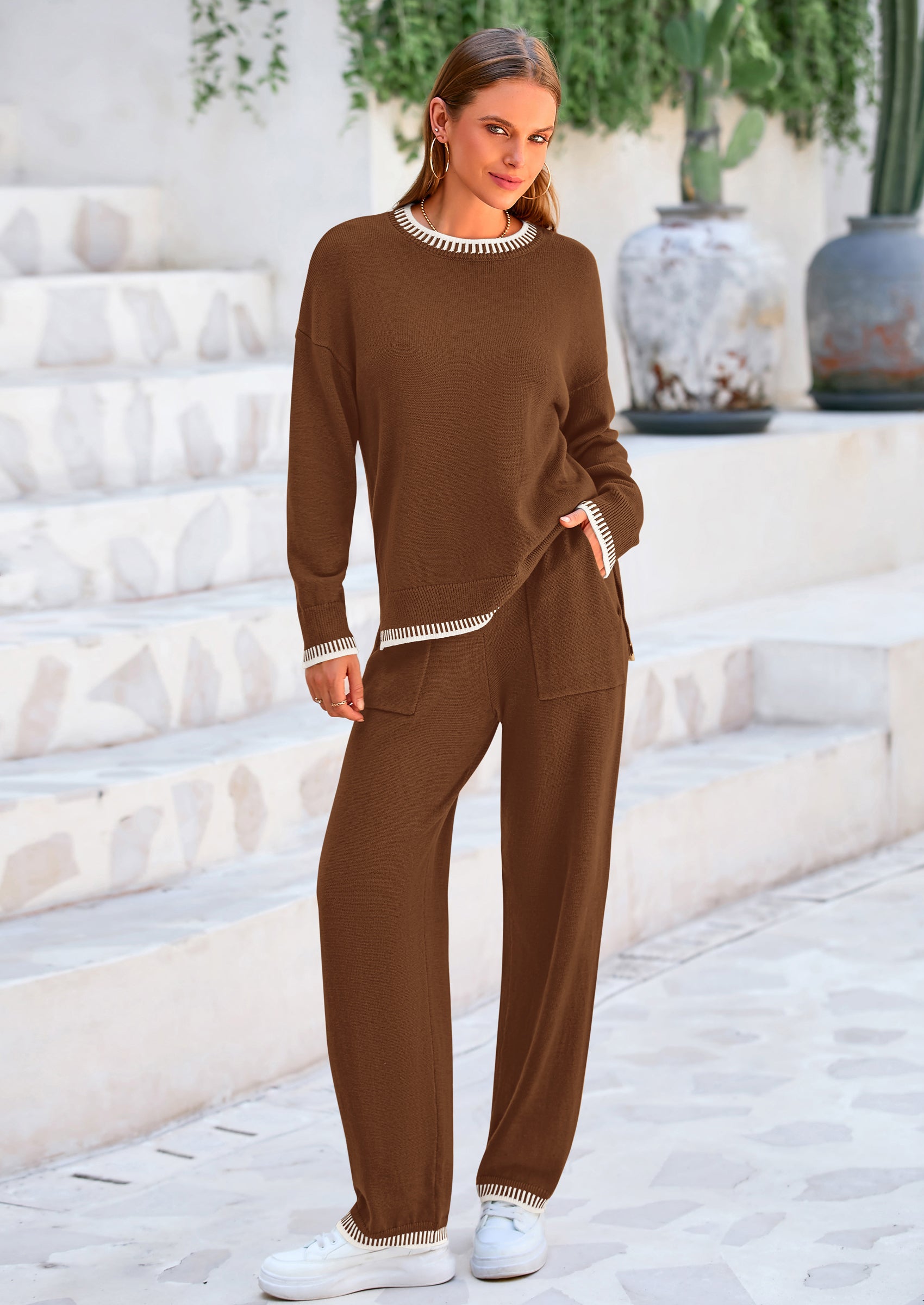 PRETTYGARDEN Women's 2 Piece Knit Sweater Outfit Casual Long Sleeve Pullover Wide Leg Pants Tracksuit Loungewear Set PRETTYGARDEN