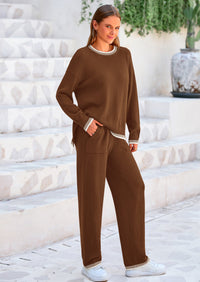 PRETTYGARDEN Women's 2 Piece Knit Sweater Outfit Casual Long Sleeve Pullover Wide Leg Pants Tracksuit Loungewear Set PRETTYGARDEN