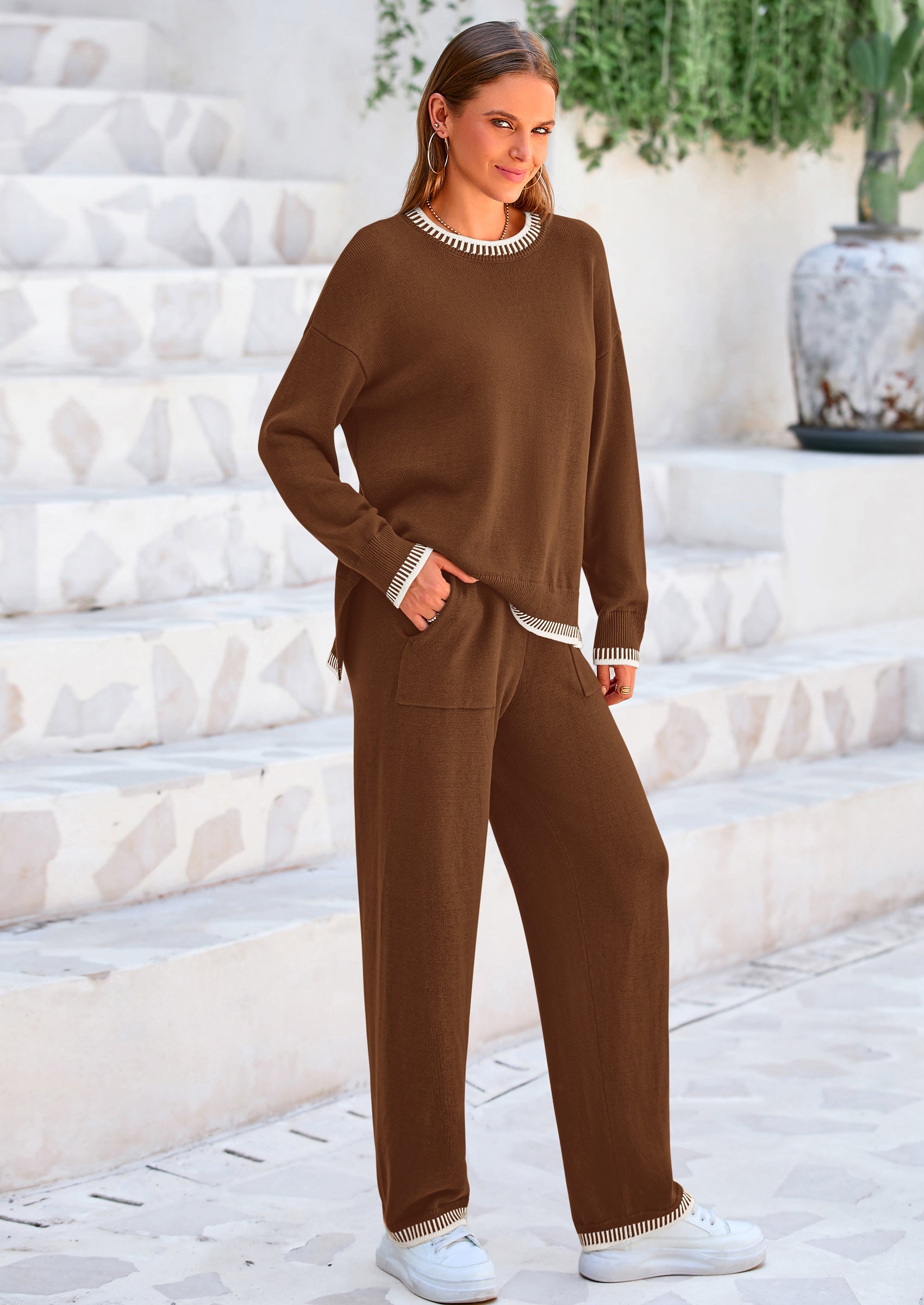 PRETTYGARDEN Women's 2 Piece Knit Sweater Outfit Casual Long Sleeve Pullover Wide Leg Pants Tracksuit Loungewear Set PRETTYGARDEN