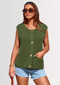PRETTYGARDEN Women's Summer Sweaters Vest Sleeveless Button Down Cropped Pockets Chunky Knit Cardigan Trendy Tank Tops
