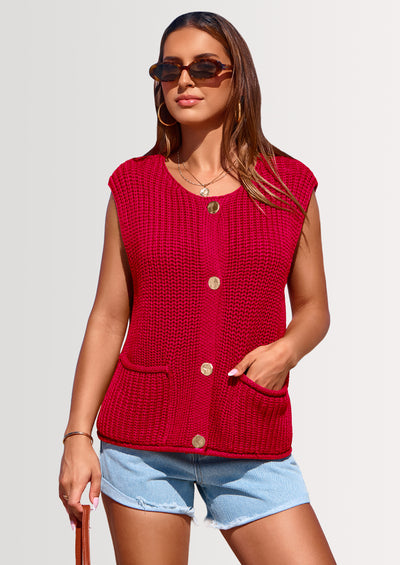 PRETTYGARDEN Women's Summer Sweaters Vest Sleeveless Button Down Cropped Pockets Chunky Knit Cardigan Trendy Tank Tops