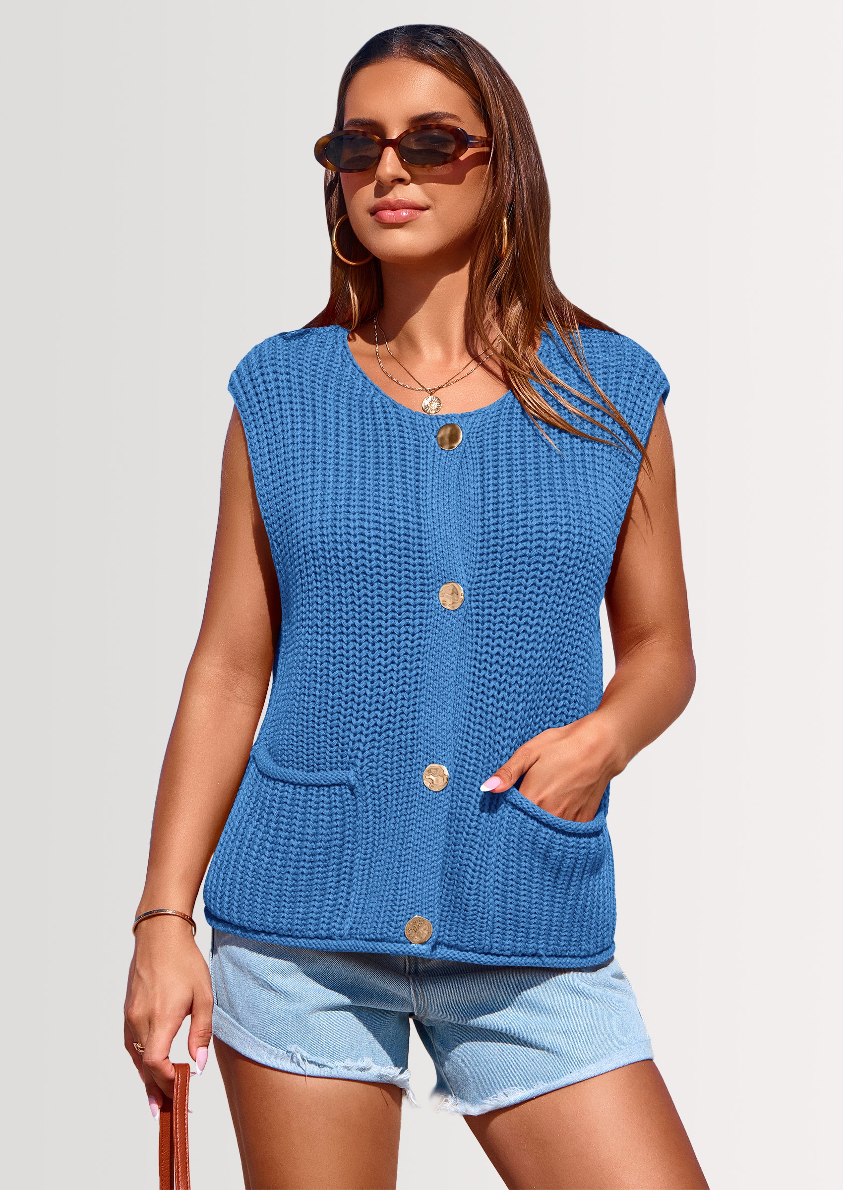 PRETTYGARDEN Women's Summer Sweaters Vest Sleeveless Button Down Cropped Pockets Chunky Knit Cardigan Trendy Tank Tops