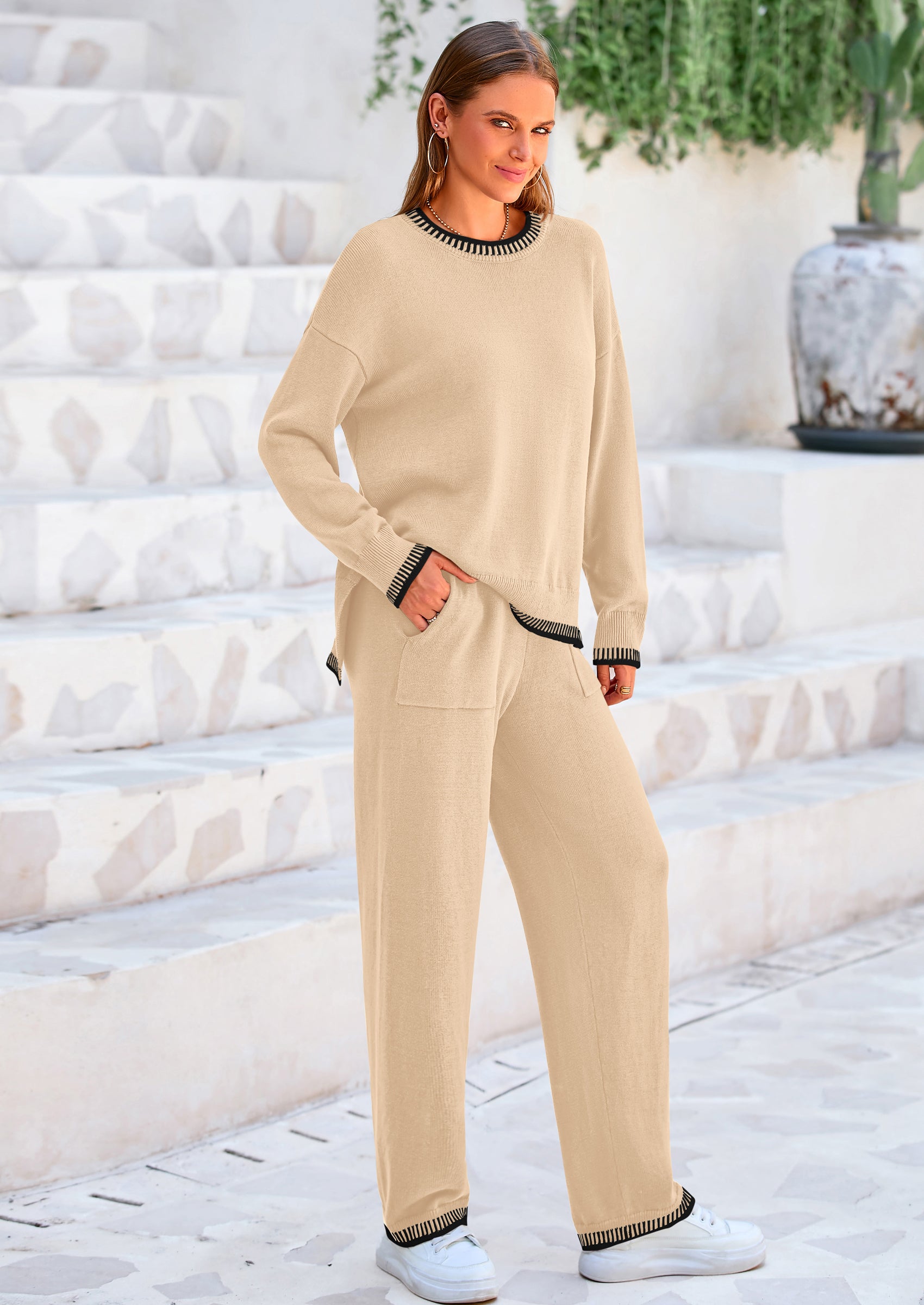 PRETTYGARDEN Women's 2 Piece Knit Sweater Outfit Casual Long Sleeve Pullover Wide Leg Pants Tracksuit Loungewear Set PRETTYGARDEN