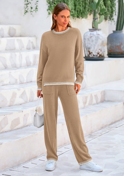 PRETTYGARDEN Women's 2 Piece Knit Sweater Outfit Casual Long Sleeve Pullover Wide Leg Pants Tracksuit Loungewear Set PRETTYGARDEN