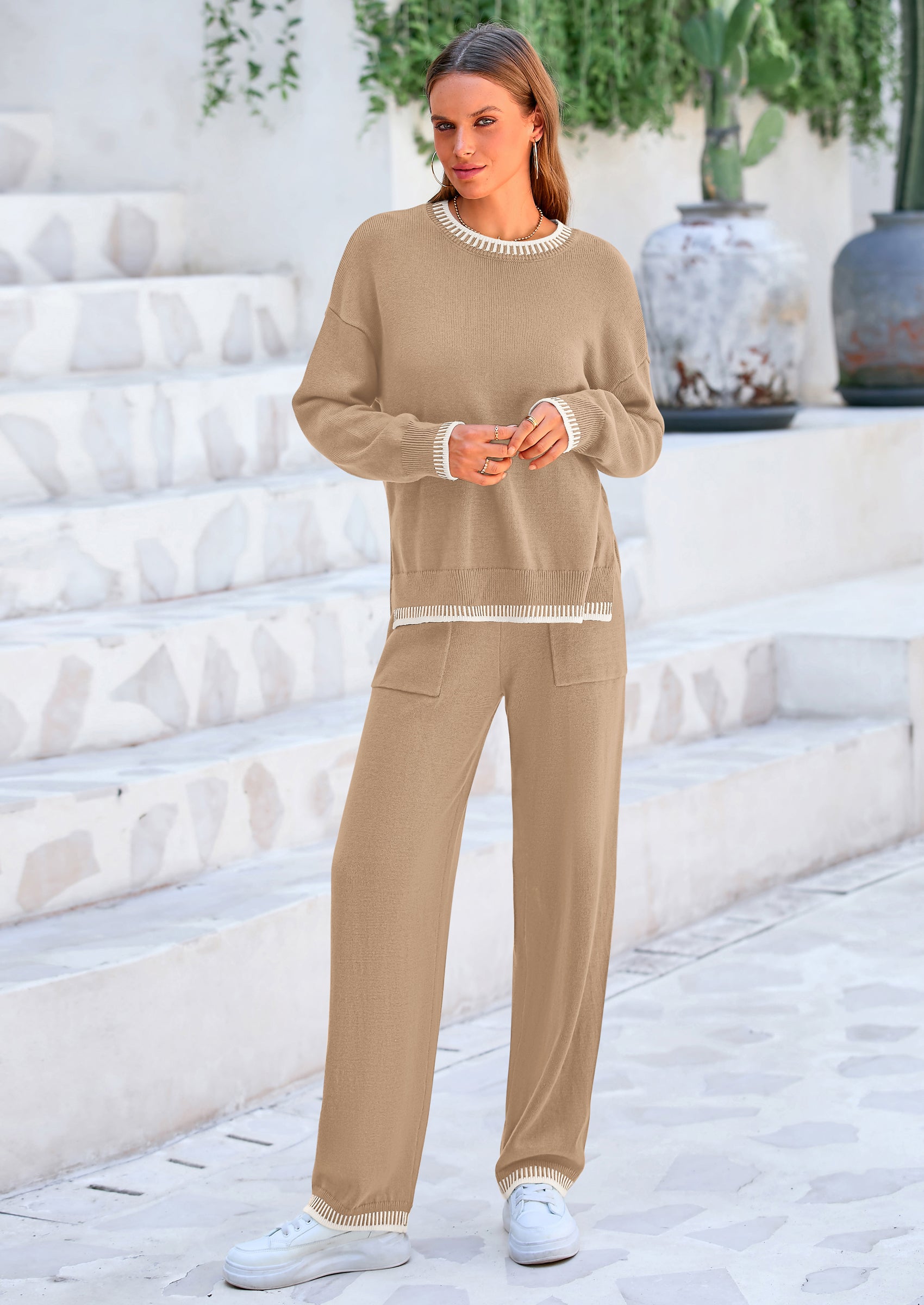 PRETTYGARDEN Women's 2 Piece Knit Sweater Outfit Casual Long Sleeve Pullover Wide Leg Pants Tracksuit Loungewear Set PRETTYGARDEN