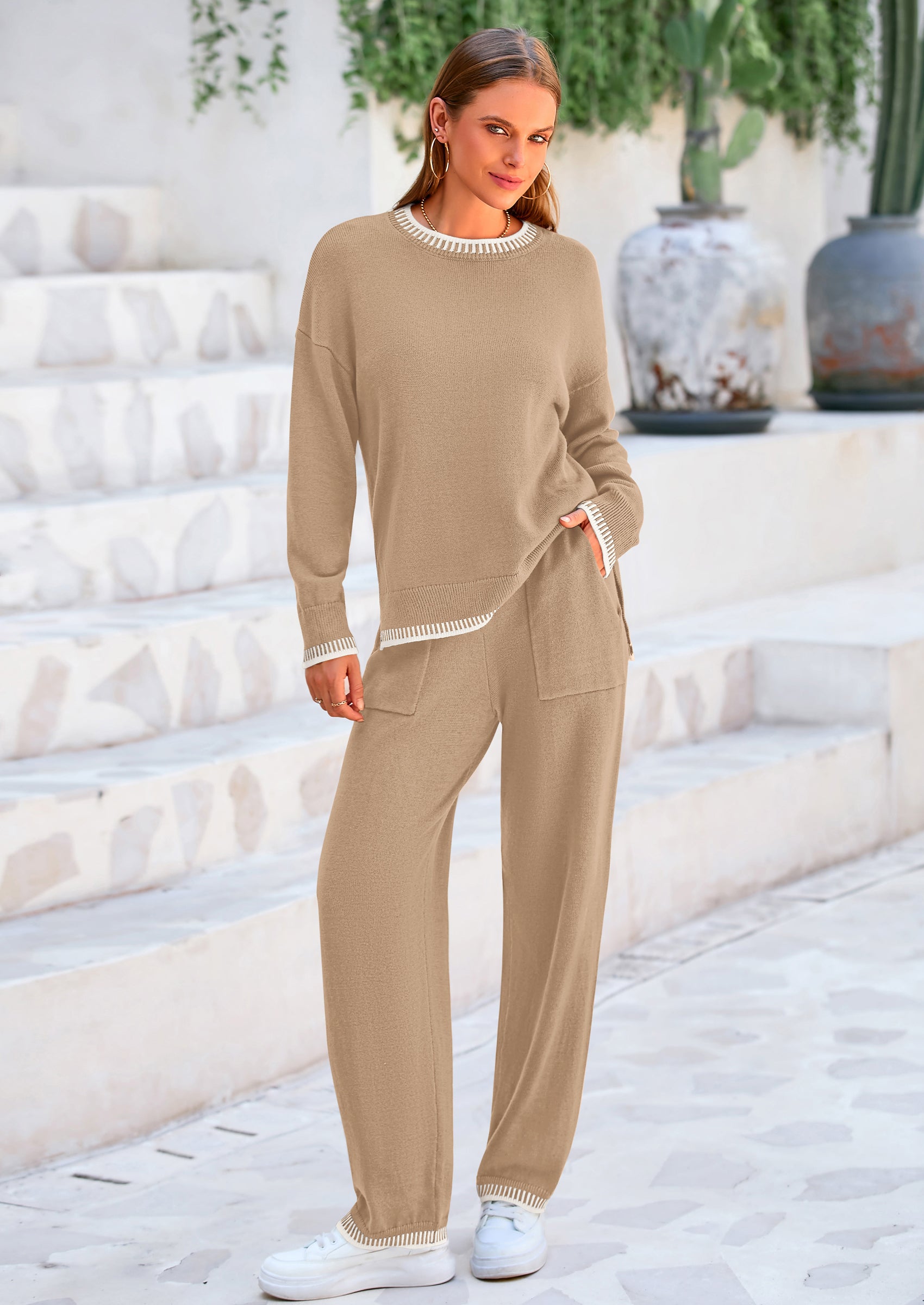 PRETTYGARDEN Women's 2 Piece Knit Sweater Outfit Casual Long Sleeve Pullover Wide Leg Pants Tracksuit Loungewear Set PRETTYGARDEN