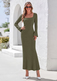 PRETTYGARDEN Women's Fall Long Sleeve Maxi Bodycon Dresses | Soft Stretchy Ribbed Knit, Bell Sleeve Square Neck Mermaid, Elegant Long Dress, Wedding Guest Party, 2026 Winter Clothing