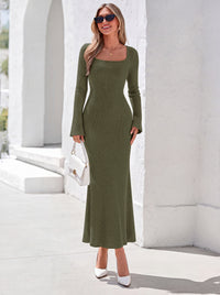 PRETTYGARDEN Women's Fall Long Sleeve Maxi Bodycon Dresses | Soft Stretchy Ribbed Knit, Bell Sleeve Square Neck Mermaid, Elegant Long Dress, Wedding Guest Party, 2026 Winter Clothing