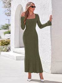 PRETTYGARDEN Women's Fall Long Sleeve Maxi Bodycon Dresses | Soft Stretchy Ribbed Knit, Bell Sleeve Square Neck Mermaid, Elegant Long Dress, Wedding Guest Party, 2026 Winter Clothing