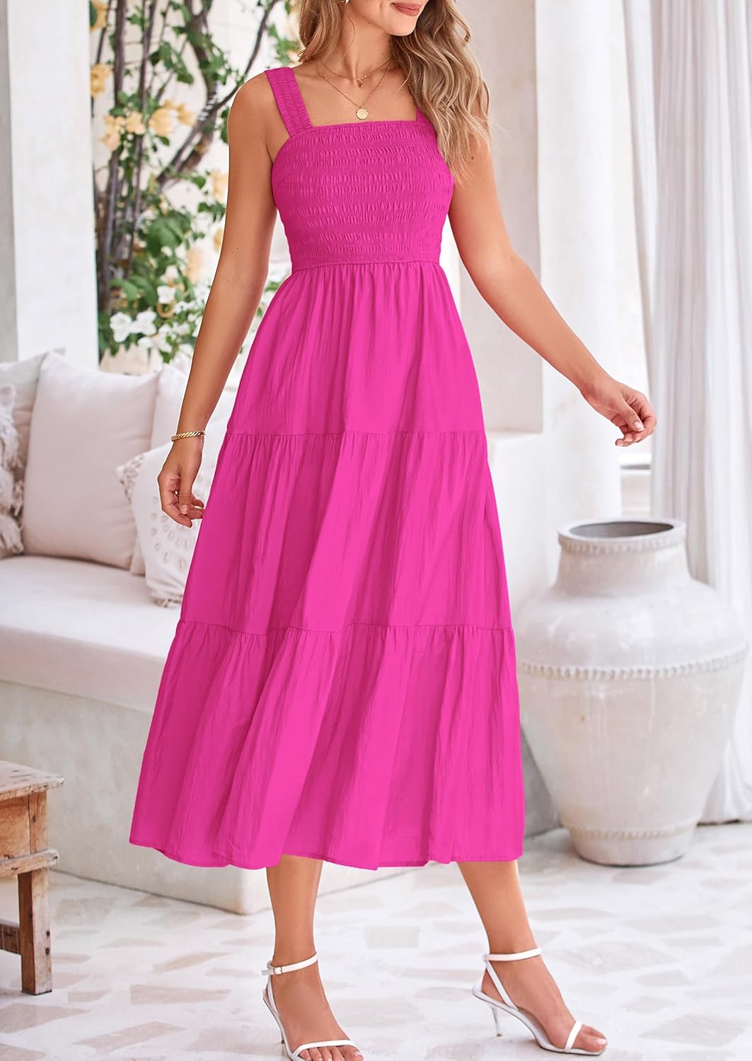 Womens Smocked Summer  Ruffle A Line Long Flowy Dresses Cute Sleeveless Beach Sundress Midi Dress