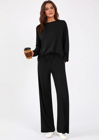 PRETTYGARDEN Womens 2 Pieces Lounge Sets Crewneck Long Sleeve Wide Leg Drawstring Pants Tracksuits Loose Fit Outfits Set