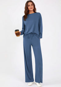 PRETTYGARDEN Womens 2 Pieces Lounge Sets Crewneck Long Sleeve Wide Leg Drawstring Pants Tracksuits Loose Fit Outfits Set