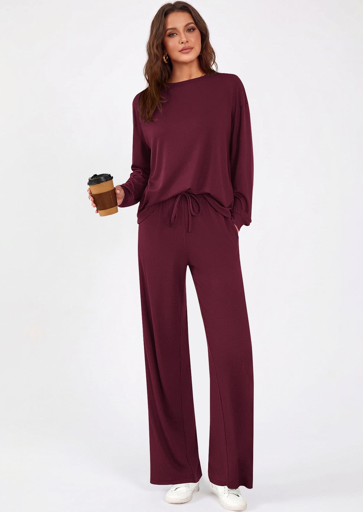 PRETTYGARDEN Womens 2 Pieces Lounge Sets Crewneck Long Sleeve Wide Leg Drawstring Pants Tracksuits Loose Fit Outfits Set