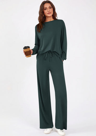 PRETTYGARDEN Womens 2 Pieces Lounge Sets Crewneck Long Sleeve Wide Leg Drawstring Pants Tracksuits Loose Fit Outfits Set