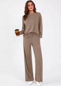 PRETTYGARDEN Womens 2 Pieces Lounge Sets Crewneck Long Sleeve Wide Leg Drawstring Pants Tracksuits Loose Fit Outfits Set