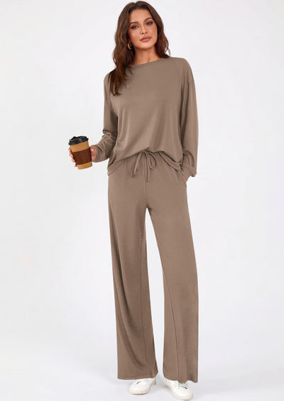PRETTYGARDEN Womens 2 Pieces Lounge Sets Crewneck Long Sleeve Wide Leg Drawstring Pants Tracksuits Loose Fit Outfits Set
