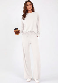 PRETTYGARDEN Womens 2 Pieces Lounge Sets Crewneck Long Sleeve Wide Leg Drawstring Pants Tracksuits Loose Fit Outfits Set