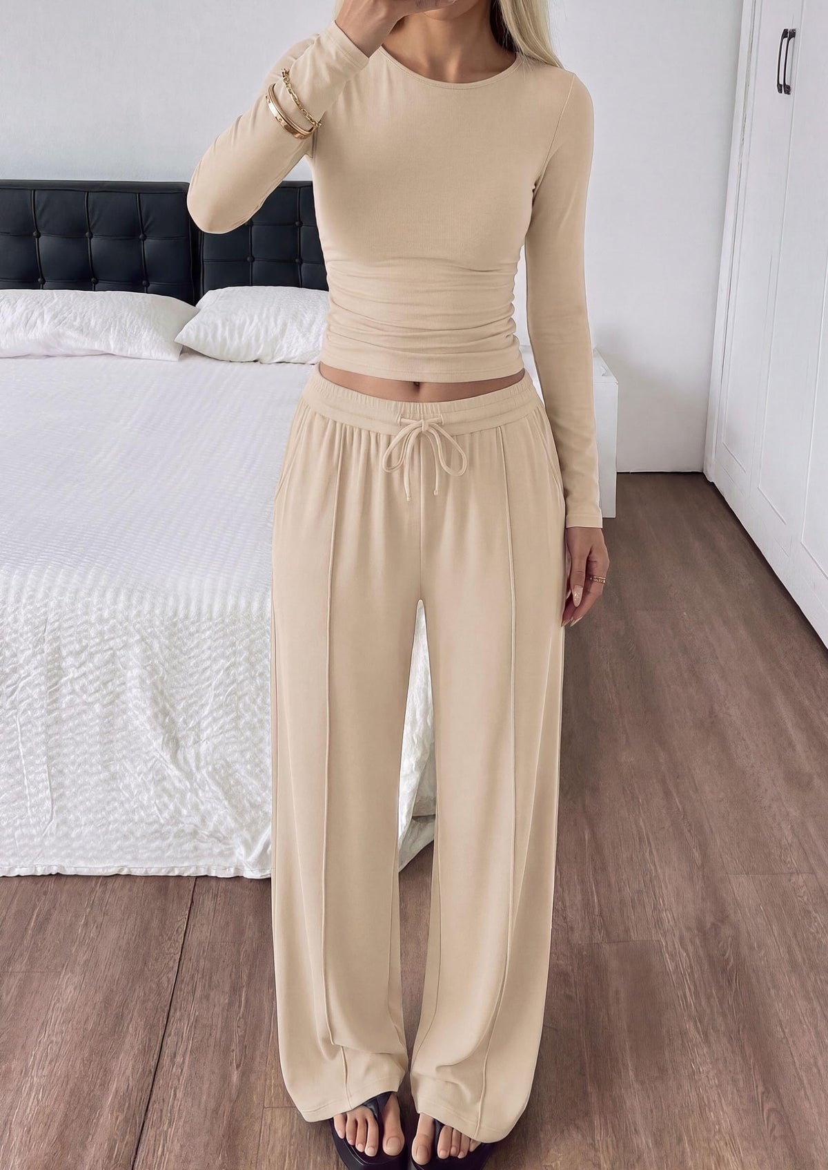 PRETTYGARDEN Women's Matching Lounge Sets 2 Piece Outfits  Boat Neck Long Sleeve , Wide Leg Pants Pockets, Ruched Waist, Travel Airport Resort Wear, Casual Fall Fashion Clothing