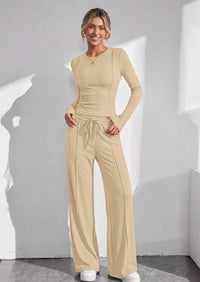 PRETTYGARDEN Womens 2 Piece Sets Long Sleeve Outfits  Soft Ribbed Knit, Loose Wide Leg Fit, Crop Top Drawstring High Waist Pants Set, Casual Lounge Travel, Matching Fall Clothes