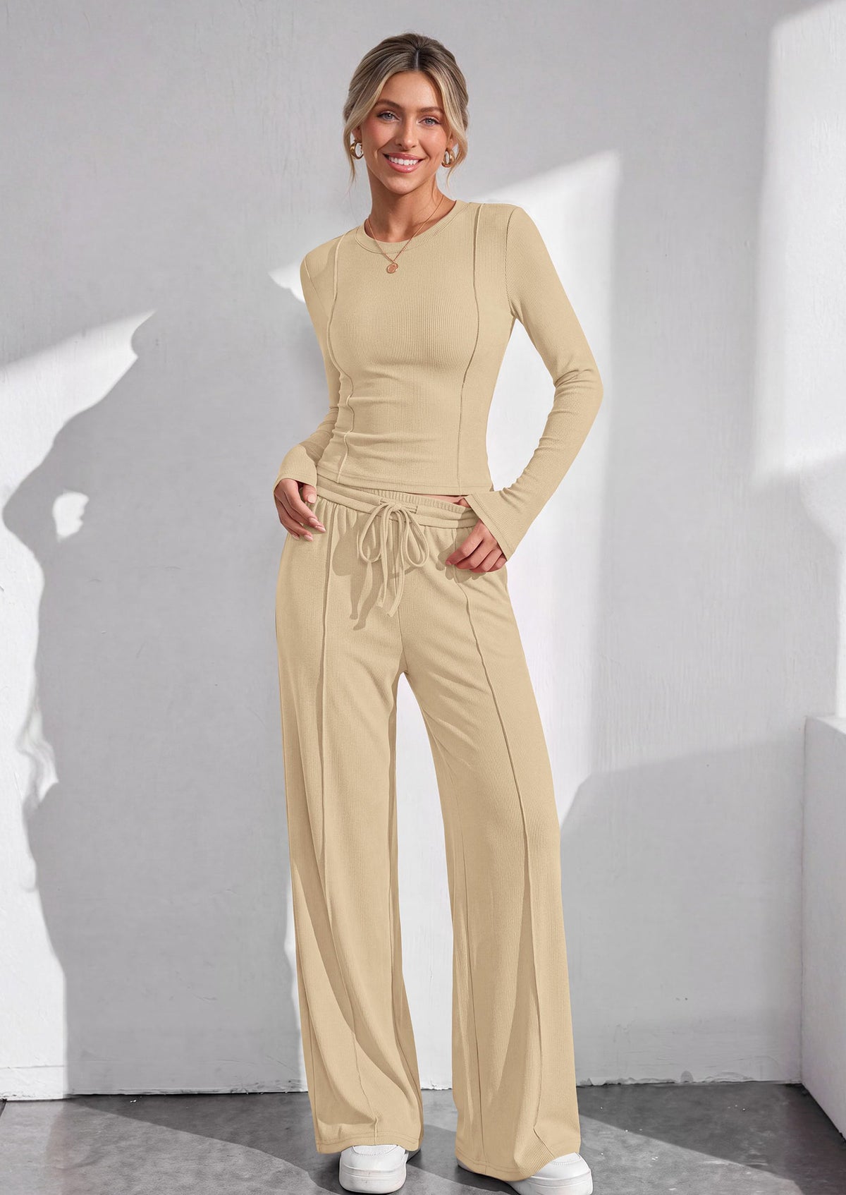 PRETTYGARDEN Womens 2 Piece Sets Long Sleeve Outfits  Soft Ribbed Knit, Loose Wide Leg Fit, Crop Top Drawstring High Waist Pants Set, Casual Lounge Travel, Matching Fall Clothes