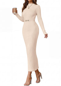 PRETTYGARDEN Women's Long Sleeve Bodycon Maxi Sweater Dress | Stretchy Rib Knit,Metal Buckle Waist,Back Slit,Work Cocktail Holiday Party Outfits,Fall Winter Winter Wedding Guest Dresses
