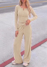 PRETTYGARDEN Two Piece Lounge Sets for Women Fall Fashion,Long Sleeve Henley,High Waisted Wide Leg Pants,Matching Holiday Vacation,Airport Travel Outfits
